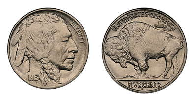 Both sides of 1913 Buffalo Nickel D - another key date example.