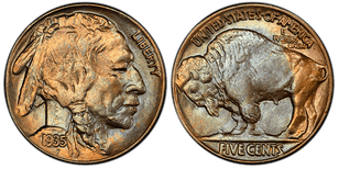 1935 Doubled Die Reverse example – a striking variety that boosts buffalo nickel worth among collectors.