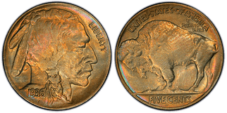 An obverse and reverse of 1936-D 3½ Leg Buffalo Nickel.