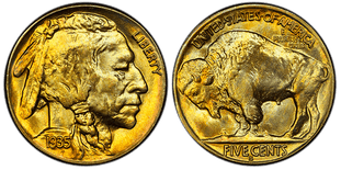 obverse and reverse of a 1935-S buffalo nickel with Indian head without any errors